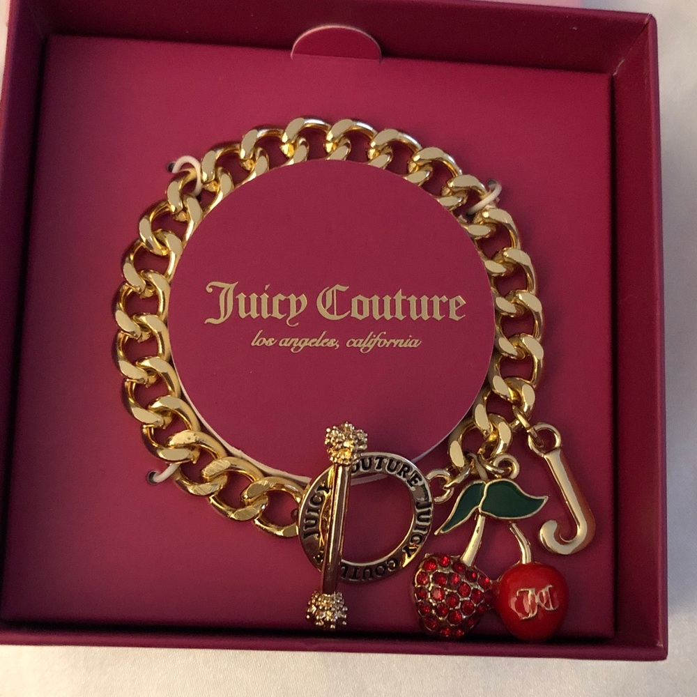 Juicy Couture Gold Tone Bracelet Half Crystal & Enamel Red Cherry Charm NWT